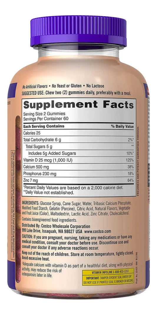 Kirkland Signature Calcium 500 mg + Vitamina D3 & Zinc (Gomitas)