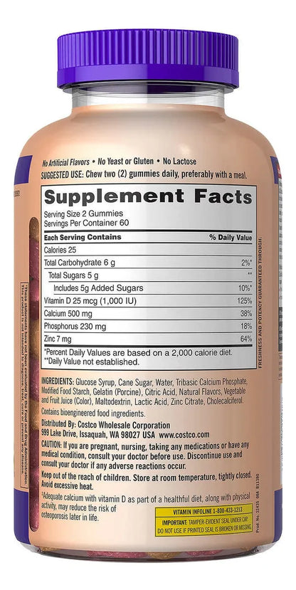 Kirkland Signature Calcium 500 mg + Vitamina D3 & Zinc (Gomitas)